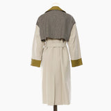 New British Wind Splicing Colliding Color Leather Lattice Long Wind Coat Coat Women
