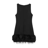 Sense A Dress 2025 Autumn New Standing Collar Sleeveless Solid Color Feathers Spliced Dress Dress