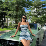 Summer Suspender Dress Sleeveless Low-cut Waist Design Tie-dye Print Fold Decoration For Women Go Out On Holiday 2023-Outfit