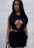 Black Sexy O-Neck Sleeveless Crop Top Hollow OutTwo Piece Skirt