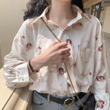 Angel Print Womens Shirt Vintage Elegant Blouse Women Autumn 2024 Lantern Sleeve Female Clothes Loose BF Shirt-Outfit