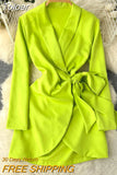 Elegant Women's Dress New Spring Summer Notched Collar Long Sleeve Bow-tied Sash A-line Casual Office Lady Short