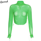 Women Y2K Fashion Sexy Mesh t-Shirt Long Sleeve Striped Tops Turtleneck Stretchy Summer See Though Skinny Thin