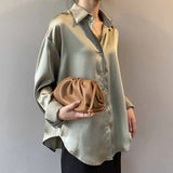 Vintage Fashion Button Up Satin Shirt Silk Korean Office Ladies Elegant Shirt Blouse White Long Sleeve Shirts Tops