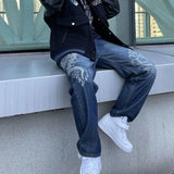 high-quality retro blue embroidered dragon pattern men jeans for spring and autumn couples high street loose slim pants-Outfit