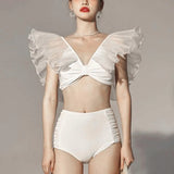 Solid-Color Mesh Yarn Leaf-Side Split Swimsuit Woman 2025 New High-Waisted Folding Sexy Bikini