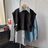 Women 2 Pcs Set Pu Buckle Knitted Shawl Vest Cardigan Stripes Asymmetric Spliced Denim Shirt Suits 2024 Summer New Fashion-Outfit