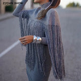 Autumn Gray Knitting Long Tassel Cape Pullover Sweater Women High Collar Loose Fringed Shawl Knitwear Oversized Jumper-Outfit