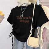 Women's Round Neck Drawstring Bandage Printing Pullover Letter Summer Short Sleeve Graphic T-shirt Casual Clothes Sweet Tops-Outfit