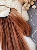 Lantern Sleeve Style Square Collar Net Dress Femininity Tea Break Skirt Warm And Long Fairy Skirt-Outfit