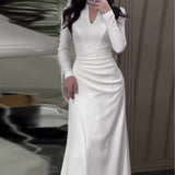 Solid-Colored Body-In-Style Folded Long-Sleeved Dress In Autumn