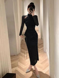 Women Dresses Sexy Elegant Mesh Patchwork Hollow Out Stand Collar Irregular Long Sleeve Party Dress Female Temperament-Outfit