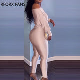 Women Elegant Off Shoulder Long Sleeves Solid Bodycon Skinny Leg with Belt Jumpsuit-Outfit