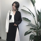 Korean Summer Vintage Shirt Women Long Sleeve Tops Button Up Cardigan Patchwork Elegant Black White Beautiful Blouses