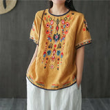 Women's Clothing Vintage Folk Fashion Embroidery Pullovers Commute Loose Spliced All-match O-Neck Summer Short Sleeve T-shirt-Outfit