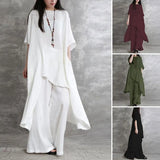 Women Two Piece Sets Pant Set Irregularity Round Neck Short Sleeve Tops Solid Splice Wide Leg Long Pants Casual Loose 2024-Outfit