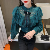 Fashion Lace Bottoming Women's Shirt Autumn Hollow Flower Ruffle Blouse Bow Beading Long Sleeve 6 Colors Blusas