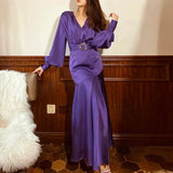 Spring Dress For Women V Neck Lantern Sleeve High Waist Solid Minimalist Midi Dresses Female Fashion Clothing