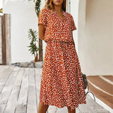 Women Dresses Summer Casual Boho Dot Print Shirt Dress Holiday Beach Short Sleeved Female High Waist Midi