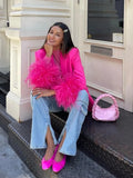 2022 Autumn New 2 Pieces Pink Feather Blazer Woman Long Sleeve Feather Women Coats Pencil High Waist Pants Woman