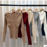 2025 New Long-Sleeved Slim V-Necked Two Knitted Shirt Top Women Feel The Bottom