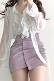 Temperament Skirt Suit Fashion 2 Piece Set for Women Thin Bandage Bow Shirt Bodycon Mini Skirts Outfits Fashion Korean