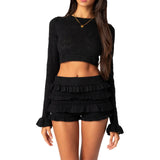 Women Shorts Outfits Solid Color O-Neck Flare Long Sleeve Knit Sweater Crop Tops+Layered Ruffles Shorts 2 Pieces Set-Outfit