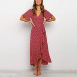 New Vintage Printed Long Maxi Dress Women Summer Boho Beach Split Dress V Neck Short Sleeve Ruffles Casual Warp