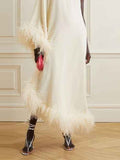 patchwork feathers dress for women Diagonal collar off one shoulder high waist loose Asymmetrical midi dress
