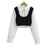 Autumn 2 pieces 1 set Knitted Rib Pullovers Sweater Vest + Lapel Full Sleeve Shirt Elastic Hem Crop Top Suits Knitwear-Outfit
