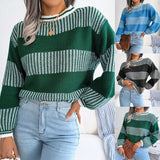 O-neck Knitted Pullover Autumn Casual Stripe Loose Sweater 2023 Long Sleeve Fashion Woman Spring Chic Soft Tops