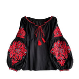 Travel To Shoot Retro National Wind Embroidery With Tuxedo V-Neck Lantern Sleeve Top Lady