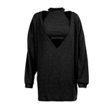 V-neck Loose Harajuku Gray Pullover Women Long-sleeved Shirt And Turtleneck Tank Top 2 Pieces Set Sexy Knitted
