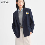 Women Blazer 2022 Autumn Long Sleeves Loose Coats Split Back Hem Anti Wrinkle Navy Casual Business Suit