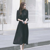 Elegant Single Breasted Women Pleated Dresses Full Sleeve Slim Waist A-line Dresses Casual Female Long Vestidos
