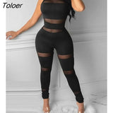 Women Fashion Elegant Casual Sheer Mesh Thick Strap Sleeveless Skinny Jumpsuit Solid Sexy Round Neck