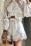 Sexy Patchwork Lace Two Piece Set For Women Round Neck Long Sleeve Tops High Waist Shorts Cut Out Sets Female 2023