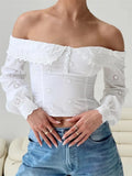 Elegant Women Lace Flowers Hollow Out Shirts Crop Tops Long Sleeve Slash Neck Off Shoulder Ruffles Solid Blouses 2023-Outfit