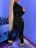 Sexy Sequins Zipper Long Sleeve Top And Pant Two Piece