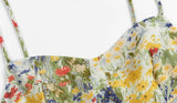 Retro French Yellow Green Floral Grass Print Spaghetti Strap Dress Sexy Women Lacing Up Sling Short Dresses Holiday Robe-Outfit