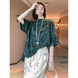 Chinese Style Buckle Imitation Silk Blouse Women's Loose Bat Sleeves Dark Green National Style Shirt-Outfit