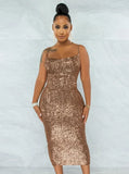 Fashion Sexy Sequins Straps Backless Slit Midi