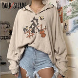 Bold Shade Goblincore Fashion Casual Sweatshirt Cartoon Print Half Zipper Indie Sweatshirts Women Long Sleeve Fleece Hoodies