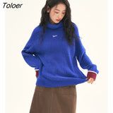 Women Sweater 2022 Winter Long Sleeve High Collar Loose Knitted Pullover Vintage Red Cuffs Warm Casual Chic