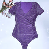 Sparkle Tops BlingBling Short Sleeve Bodysuit Crop Tops Women Bodycon Party Club Body Suit Glitter Top