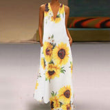 Station New Popular Style Lady's Bohemian Printed Sunflower Dress V-Collar Sleeveless Pocket Summer Dress-Outfit