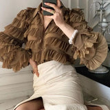 Spring Korean Ruffles Blouse Women Turn Down Collar Long Sleeve Tops Loose Heavy Work Cupcake Ol Shirt Feminino Blusas