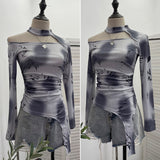 Long-Sleeved Irregular Design Small T-Shirt Women's Autumn Dress Print Hollow Tight Hottie Top