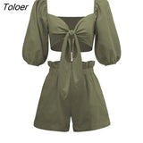 Cotton Linen 2 Pieces Women's Suits V-Neck Cross Lace Up Lantern Sleeve Crop Top Summer Outifit Elastic Waist Shorts