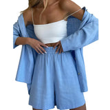 Piece Sets Women Outfits Harajuku Spring Fall Clothes Solid Color Loose Long Sleeve Button-up Shirt Casual High Waist Short-Outfit